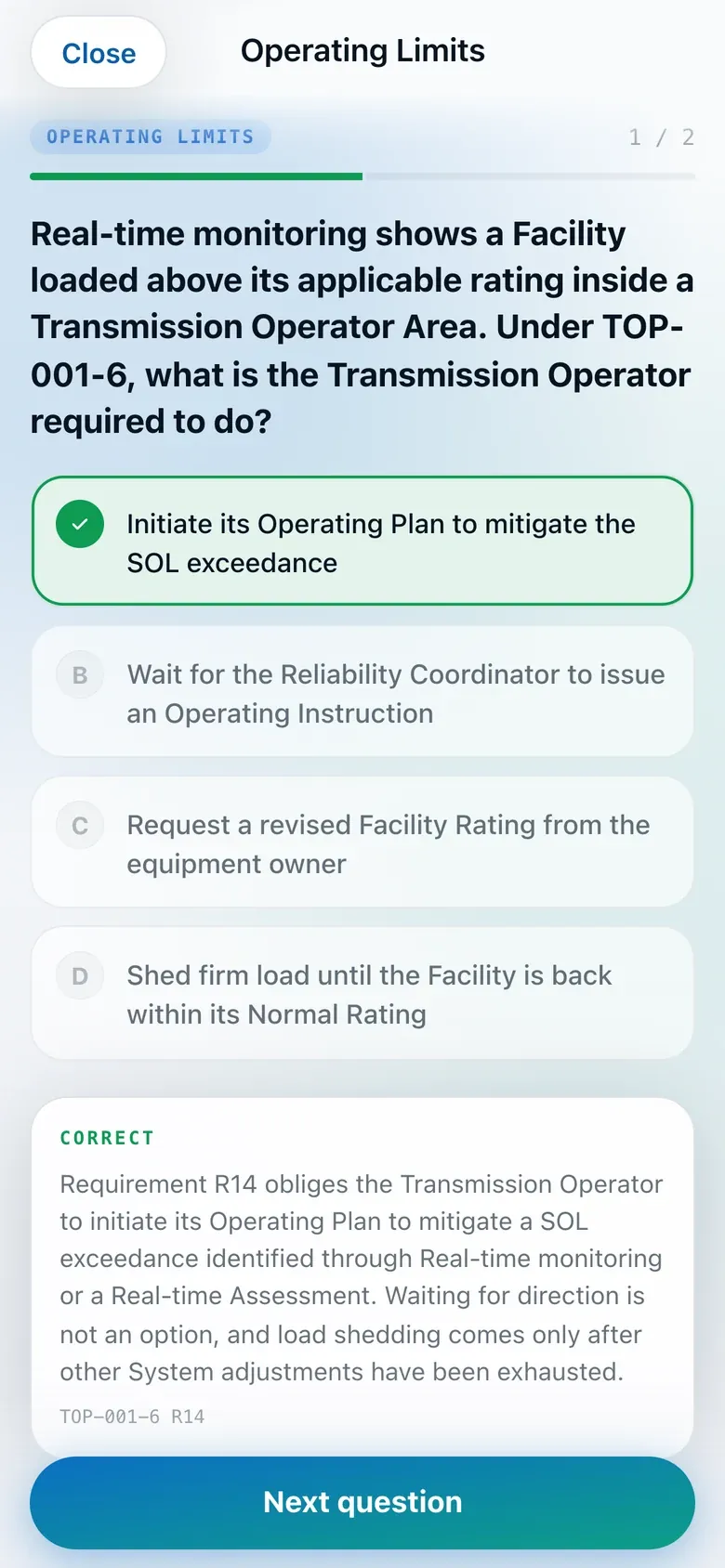 Grid Prep on a phone: a practice question answered correctly, with its explanation and the reference TOP-001-6 R14
