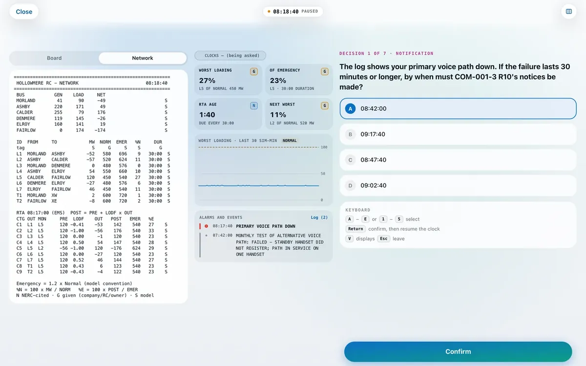 The Control-Room Simulator run console on a desktop: a network display of buses and lines, loading tiles, a trace and an alarm log, and the first decision of the shift with four options, the clock paused
